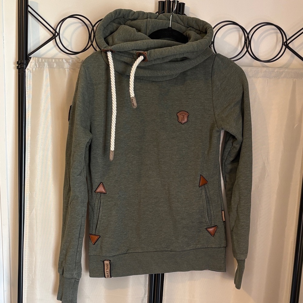 Green Funnel Neck Hoodie with Rope Drawstrings